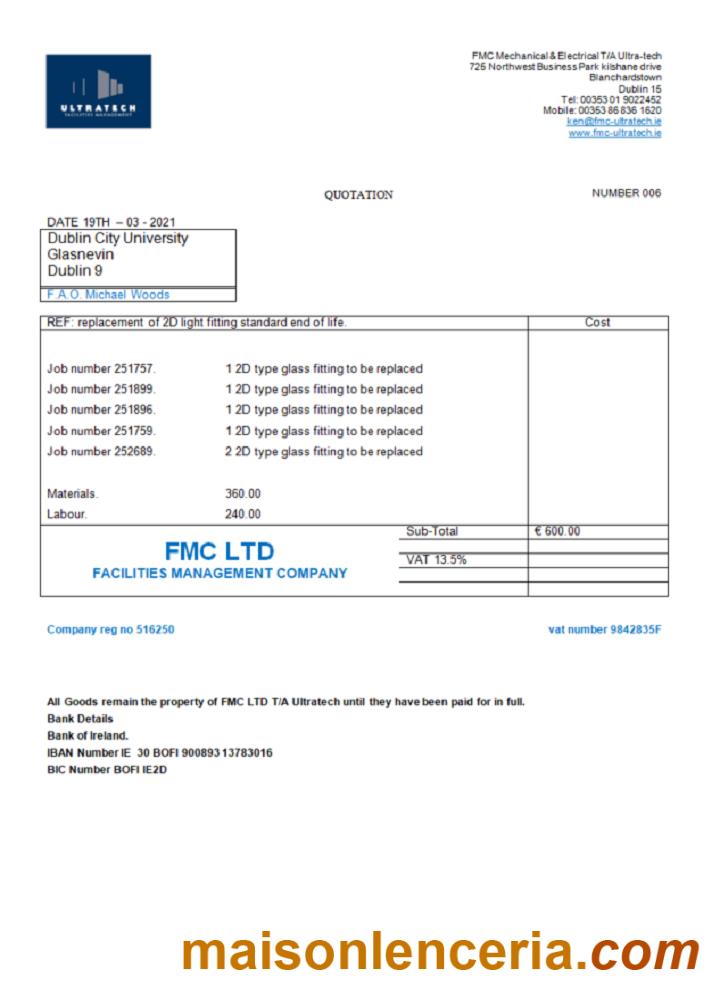 Irlandia Ultratech Pvt Ltd faktura słowo i PDF szablon